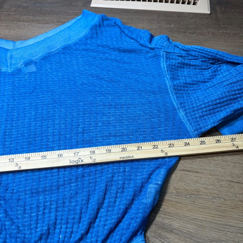 We The Free Free People Blue Waffle Knit Off Shoulder Thermal Top XS 0361